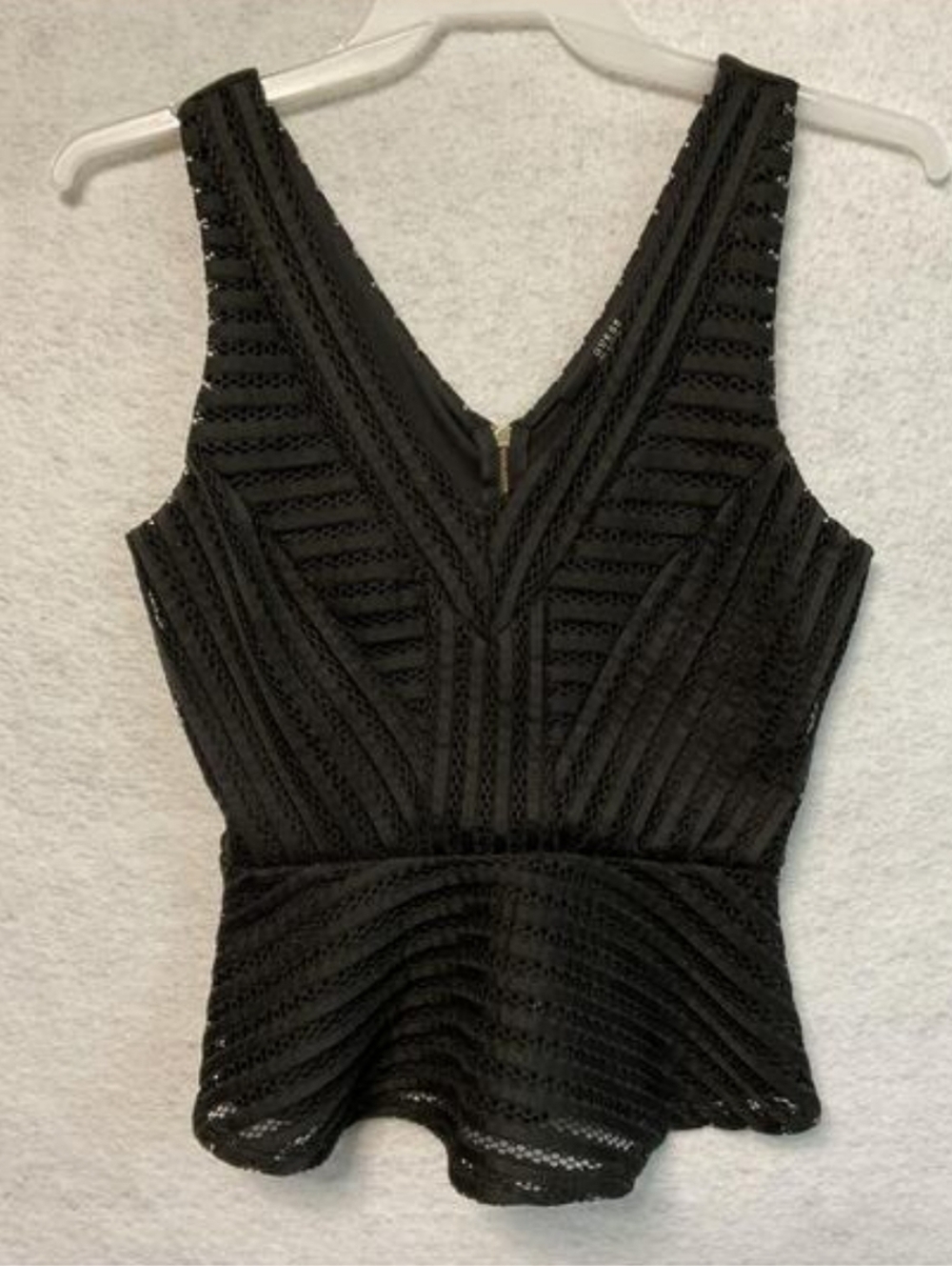 Guess Black Lace Peplum V-Neck & V-Back Sleeveless Top Small